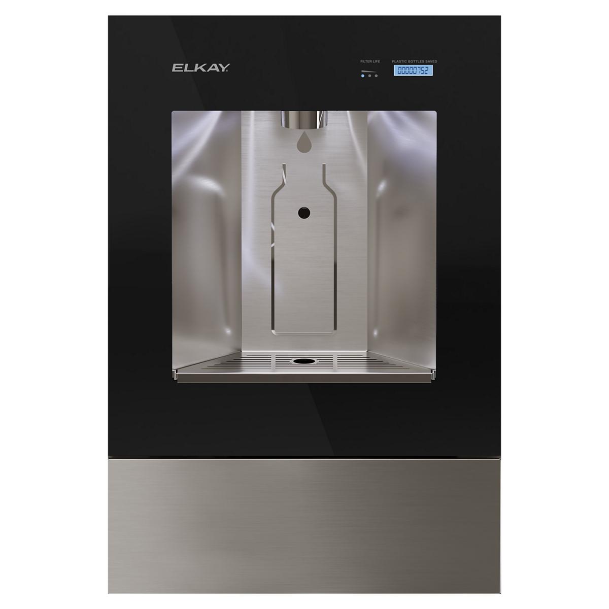 Elkay ezH2O Liv Pro in-wall water dispenser with midnight black upper panel, stainless steel interior, and digital display sc