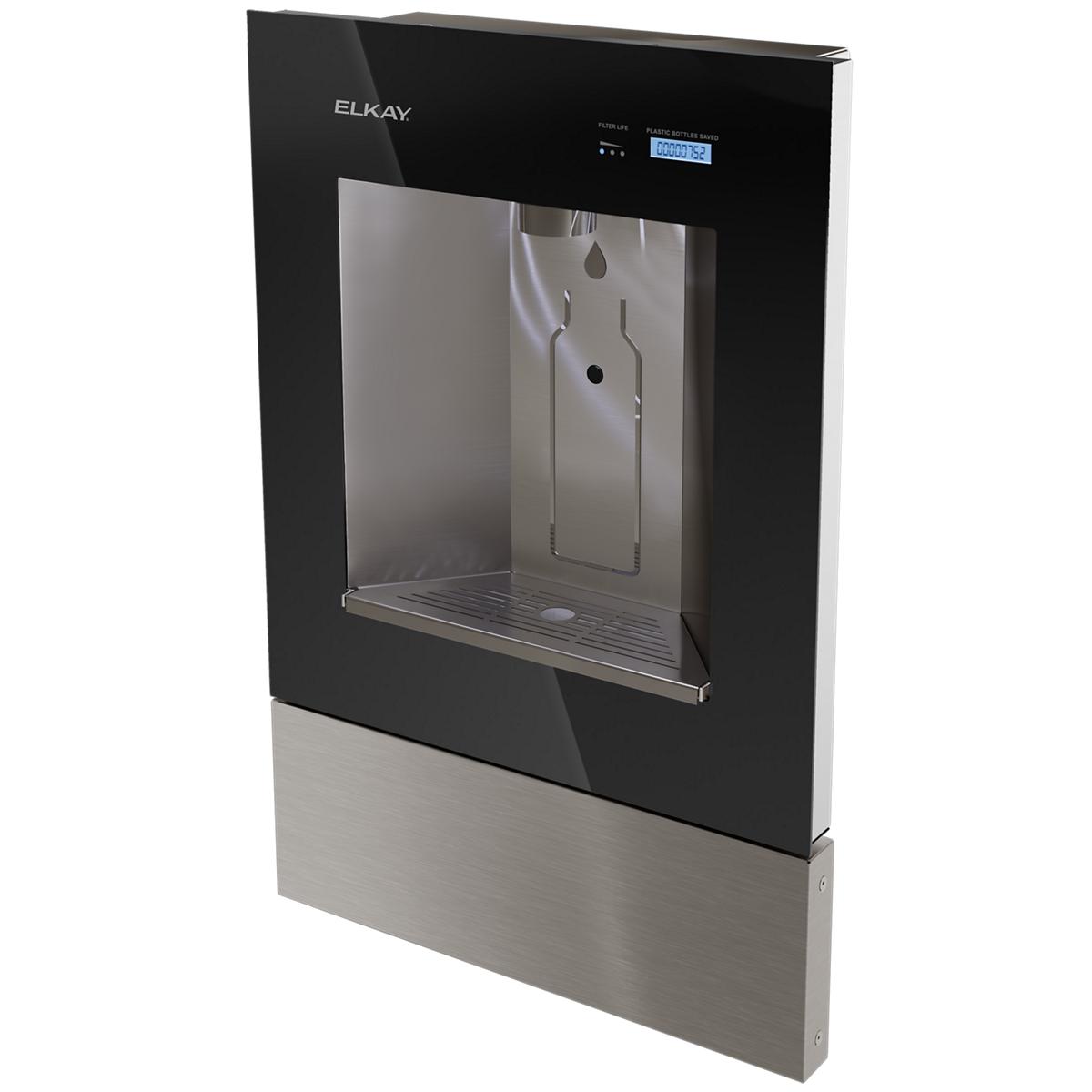Elkay ezH2O Liv Pro in-wall water dispenser with black frame, digital display, and stainless steel drip tray.