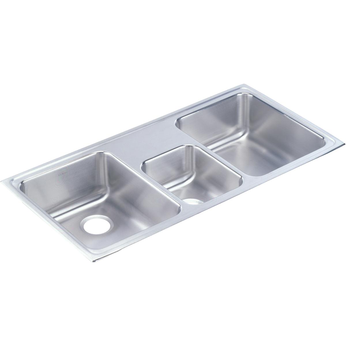 Stainless steel triple bowl drop-in sink with polished finish and one drain hole on left bowl.
