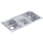 Stainless steel triple bowl drop-in sink with polished finish and one drain hole on left bowl.