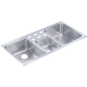 Stainless steel drop-in sink with three rectangular bowls and three pre-drilled holes on the rim.