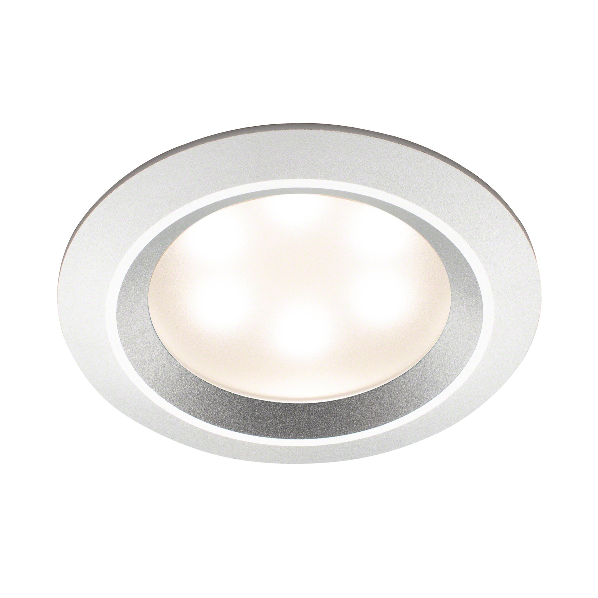 Recessed round LED light fixture with polished aluminum trim ring and illuminated white center lens.