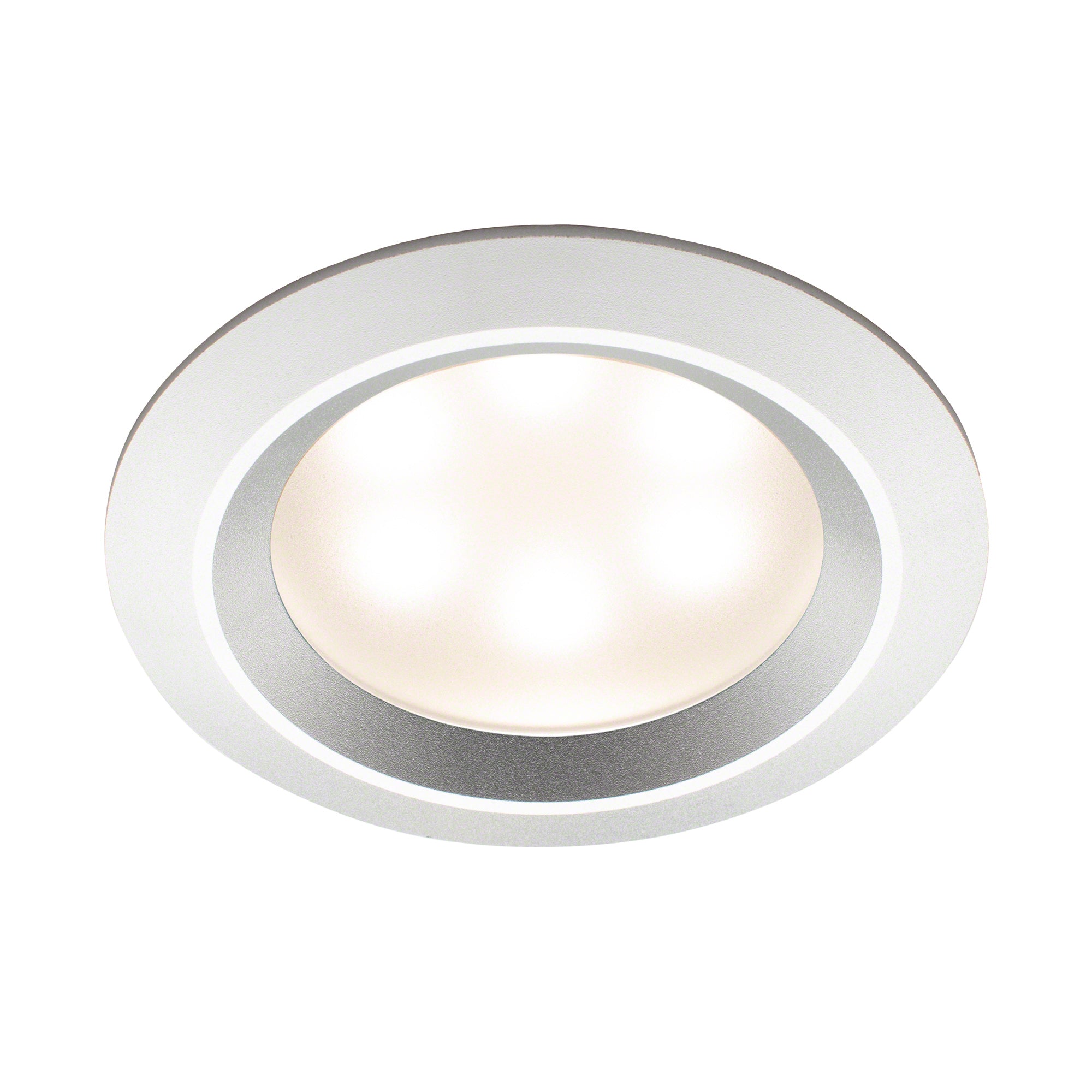 Recessed round LED light fixture with polished aluminum trim ring and illuminated white center lens.