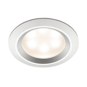 Satin aluminum recessed light fixture with white LED dome and silver trim ring.