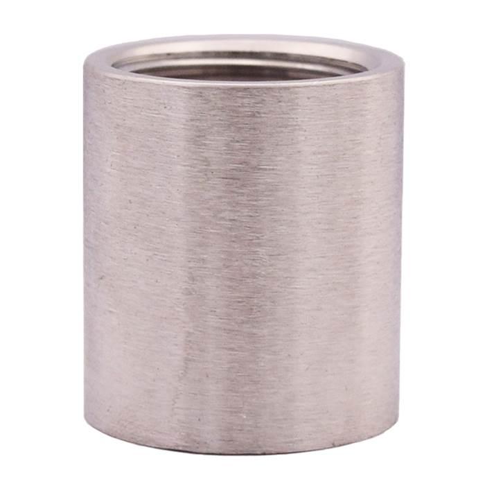 Stainless steel pipe coupling with female threads on both ends, 1/2 inch size.