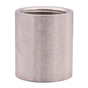 Stainless steel pipe coupling with threaded ports on both ends, cylindrical shape with brushed finish.