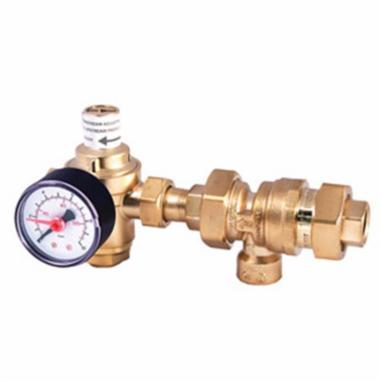 Brass auto fill valve with integrated pressure gauge and multiple connection ports for plumbing installation.