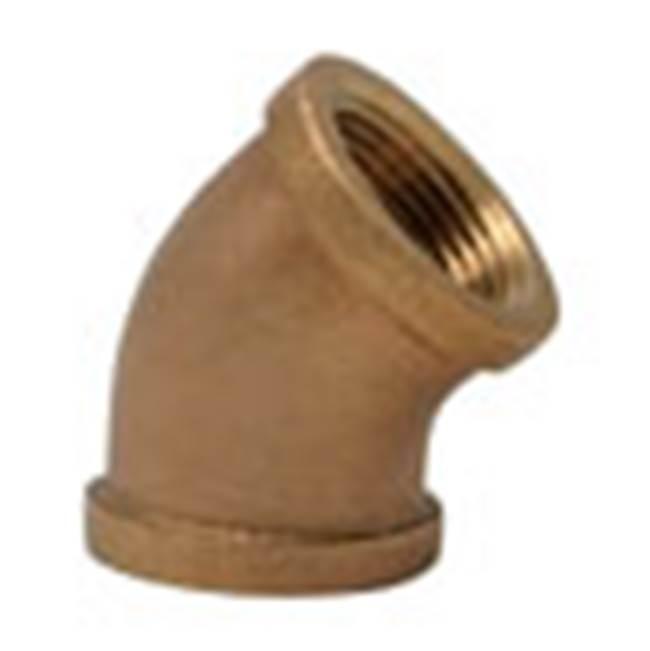 Bronze 45-degree pipe elbow with female threaded ports on both ends.