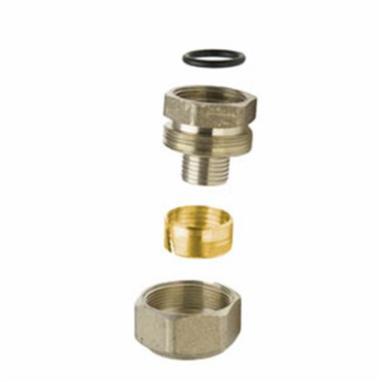Brass tube to manifold connector with threaded male inlet, coupling nut, and sealing ring components displayed separately.