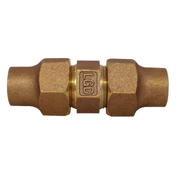 Bronze pipe coupling with flared ends and hexagonal center nut featuring manufacturer markings.
