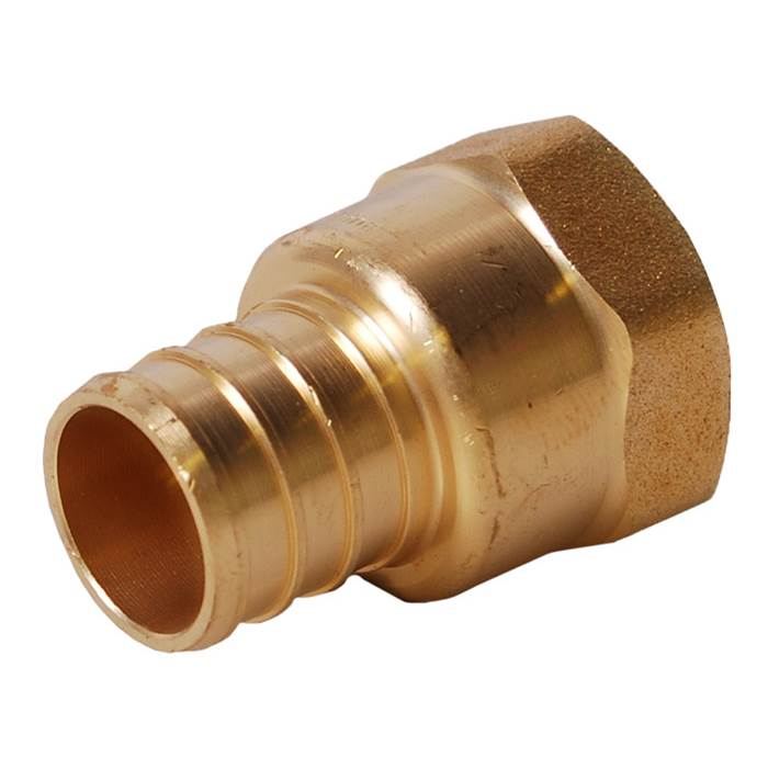 Brass PEX adapter fitting with ribbed connection on left side and hexagonal nut on right side.