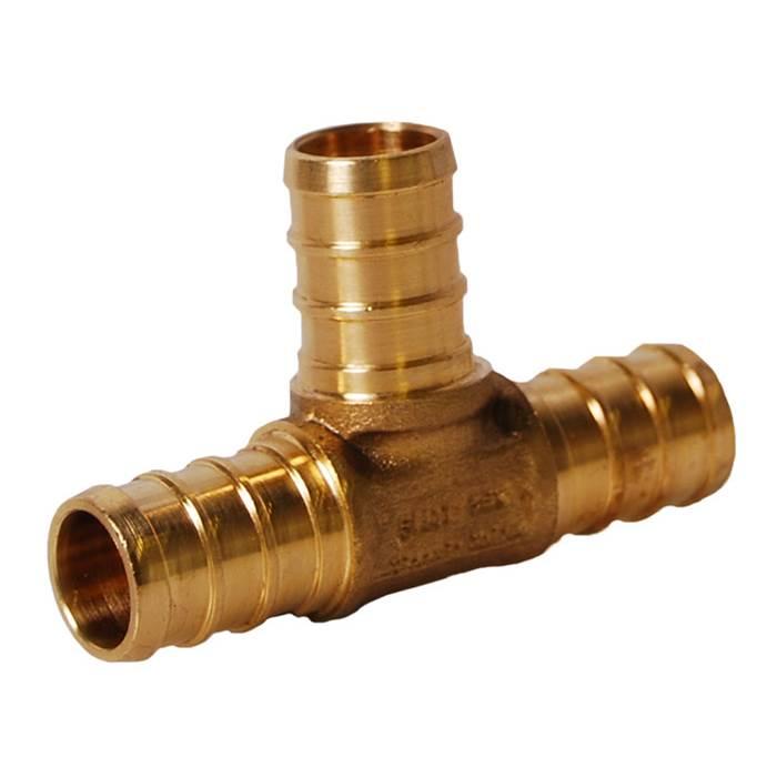 Brass tee fitting with three 2-inch PEX barb connections arranged in T-configuration.