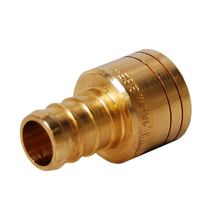 Brass adapter with PEX fitting on left and sweat connection on right, 1 inch size.