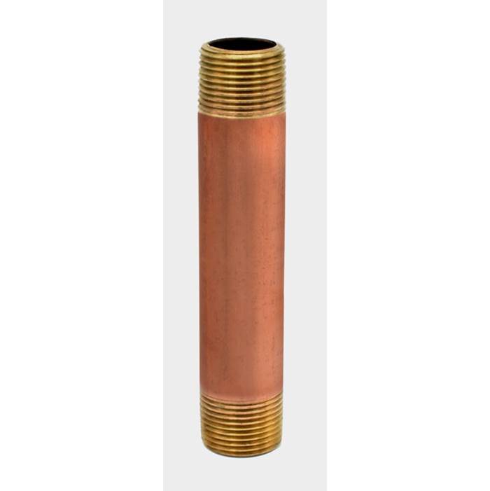 Red brass nipple with threaded brass ends on both sides, cylindrical shape.