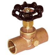 Brass ball valve with black butterfly handle and soldered copper connections.