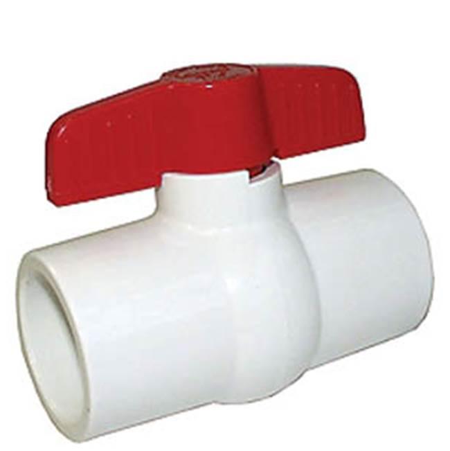 White PVC ball valve with red lever handle and slip joint ends.