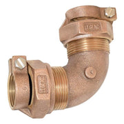 Bronze 90-degree elbow with pack joint connections and threaded port, two units shown.