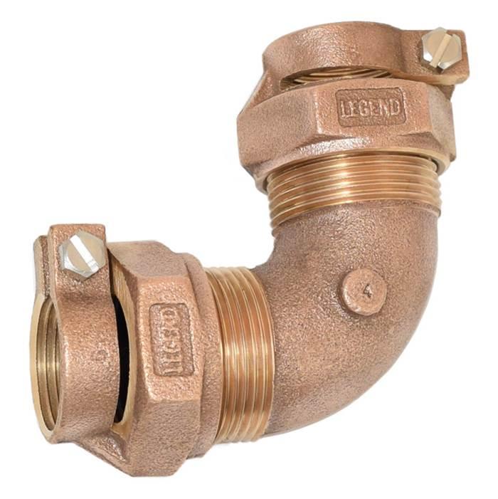 Bronze 90-degree elbow with pack joint connections and threaded port, two units shown.