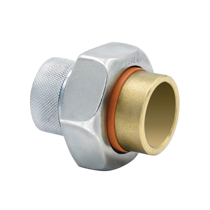 Brass and chrome dielectric union fitting with female threaded connection on left and sweat connection on right, orange gaske