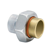 Chrome-plated brass dielectric union with female threaded and sweat connections, orange gasket visible inside.