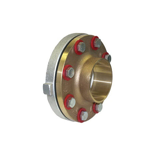 Brass dielectric union fitting with red and gray bolt heads and female threaded connection on one side.