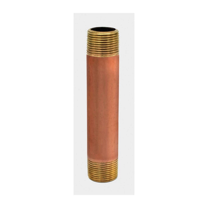 Red brass pipe nipple with threaded brass ends on both sides, cylindrical body.
