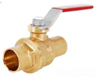Brass ball valve with red lever handle and threaded copper ports on white background.