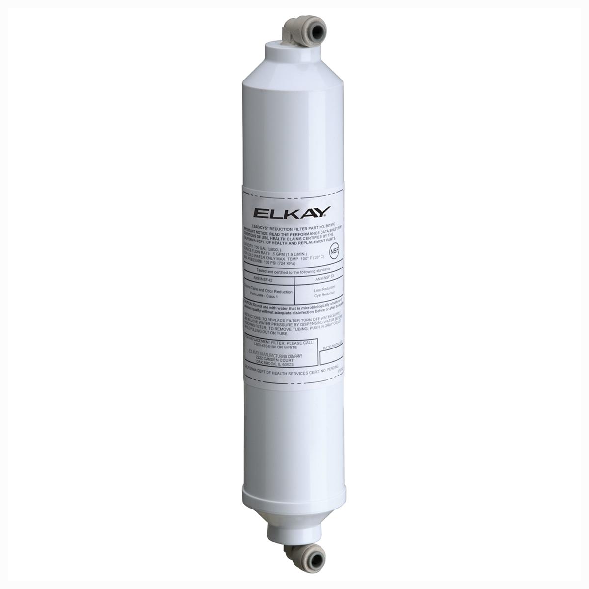 White cylindrical Elkay Aqua Sentry replacement filter with gray connector ports at top and bottom.