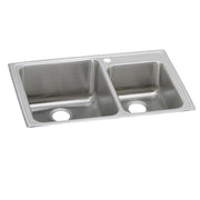 Stainless steel double bowl drop-in sink with unequal 60/40 basin sizes and faucet hole.