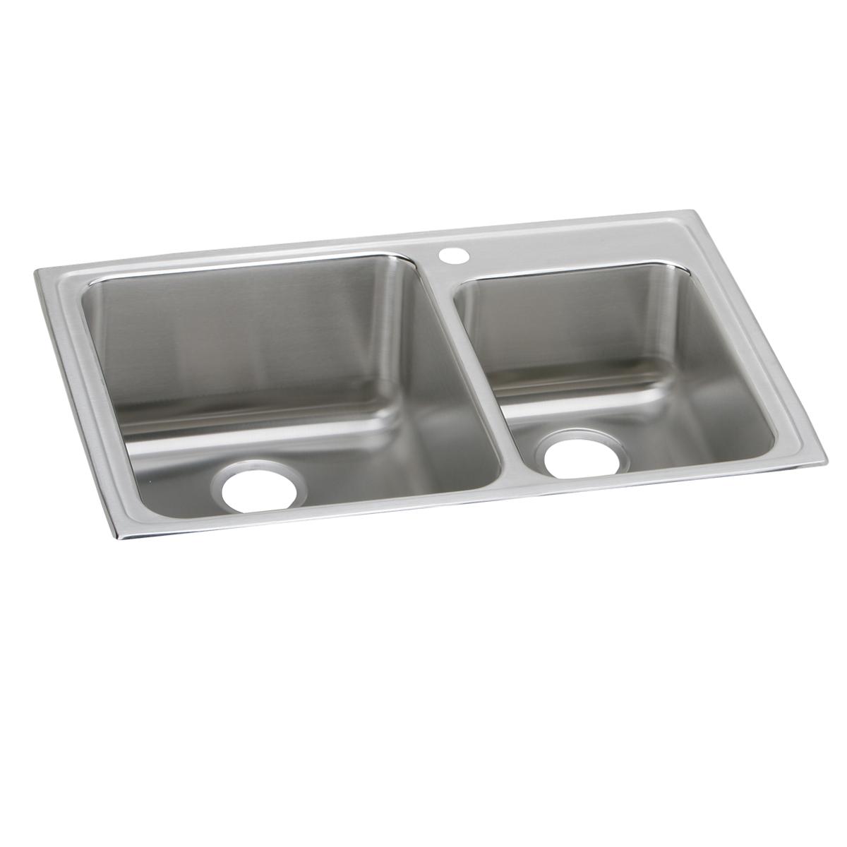 Stainless steel double bowl drop-in sink with unequal 60/40 basin sizes and three pre-drilled holes.