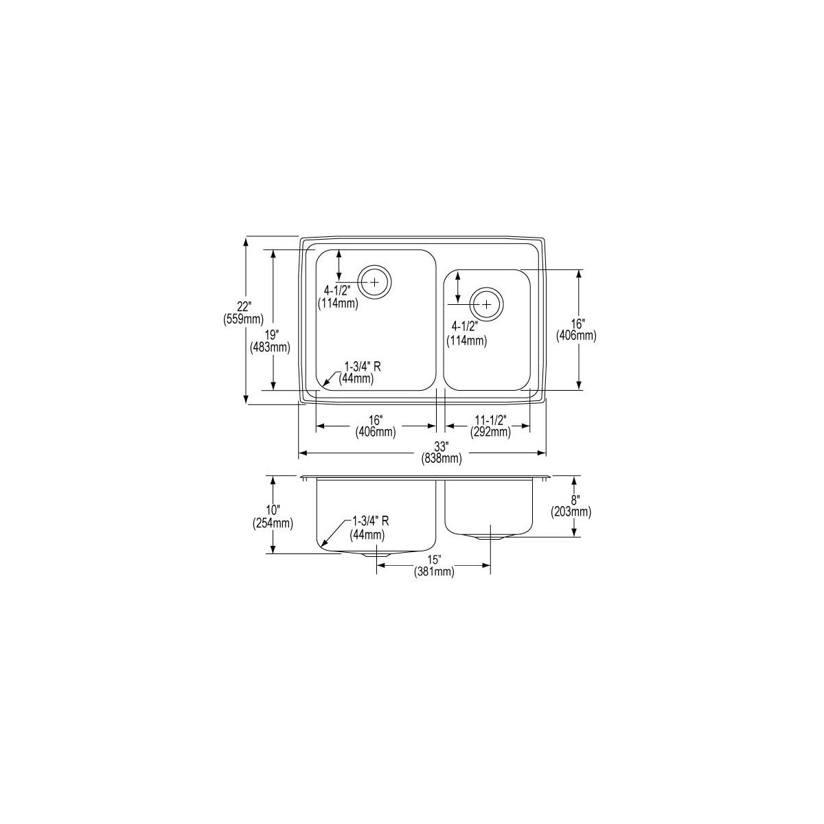 Stainless steel double bowl drop-in sink with 60/40 configuration and single faucet hole, shown in top and side technical dra