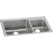 Stainless steel double bowl drop-in sink with unequal 60/40 basin configuration and drain holes.
