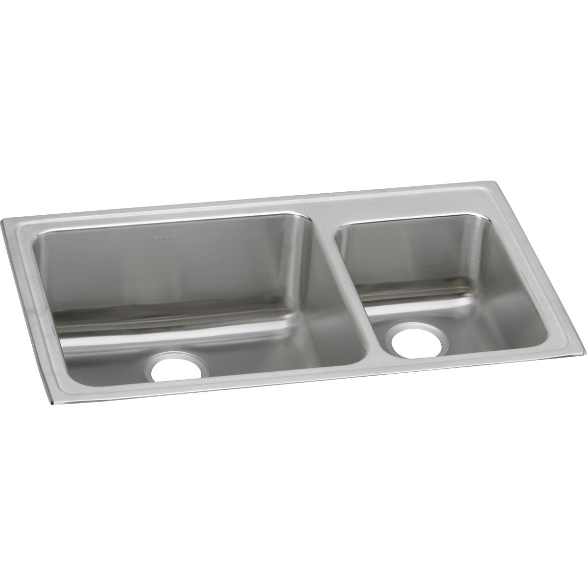 Stainless steel double bowl drop-in sink with unequal 60/40 basin configuration and drain holes.