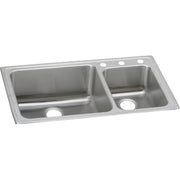 Stainless steel double bowl drop-in sink with 60/40 configuration and three faucet holes along the rim.