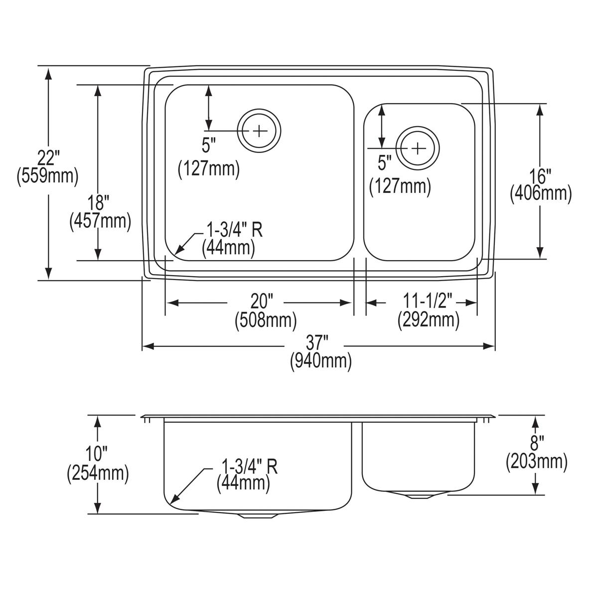 Stainless steel double bowl drop-in sink with larger left bowl and smaller right bowl, single faucet hole, dimension diagram 