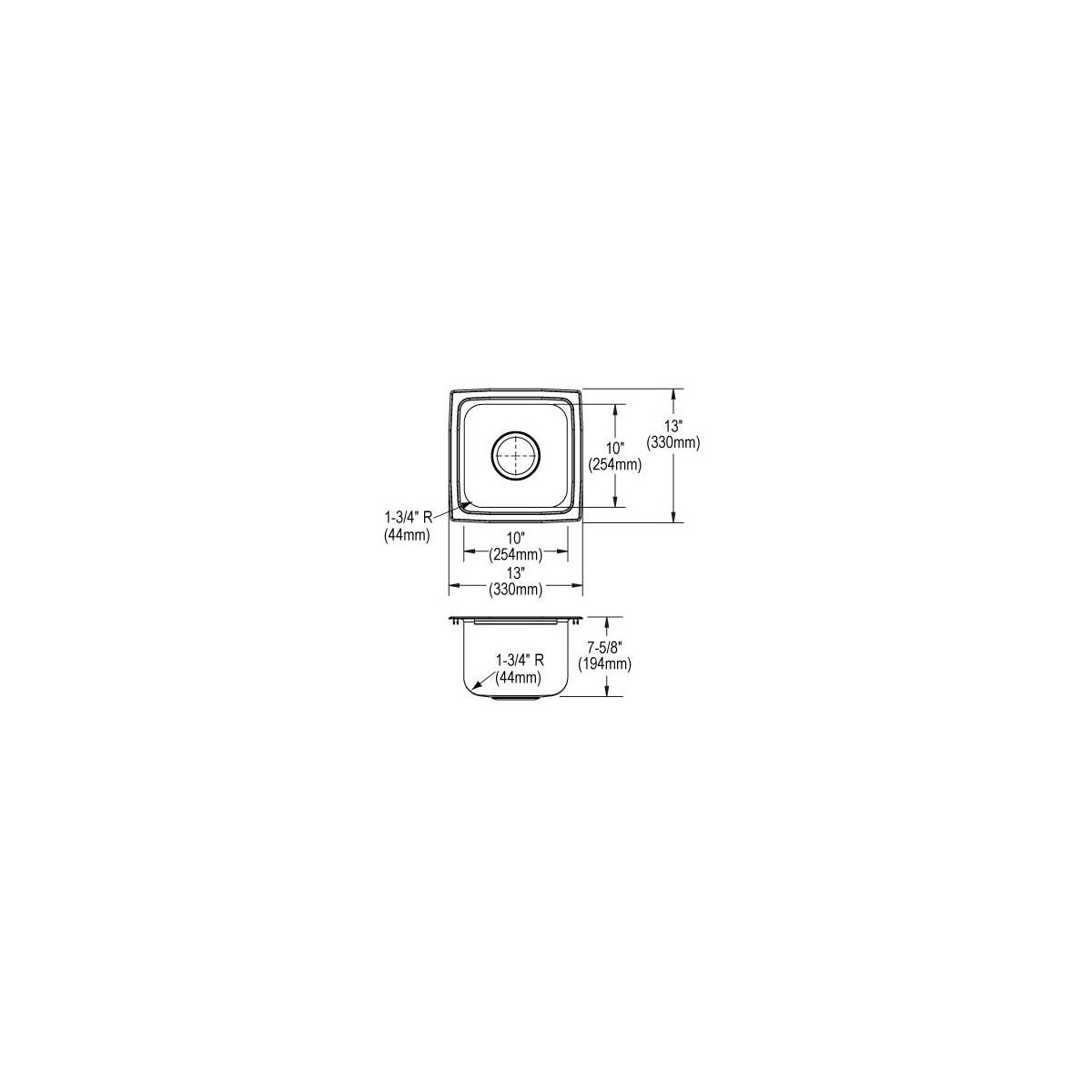 Stainless steel single bowl drop-in sink with rounded corners and drain hole, shown in top and side view technical drawings w
