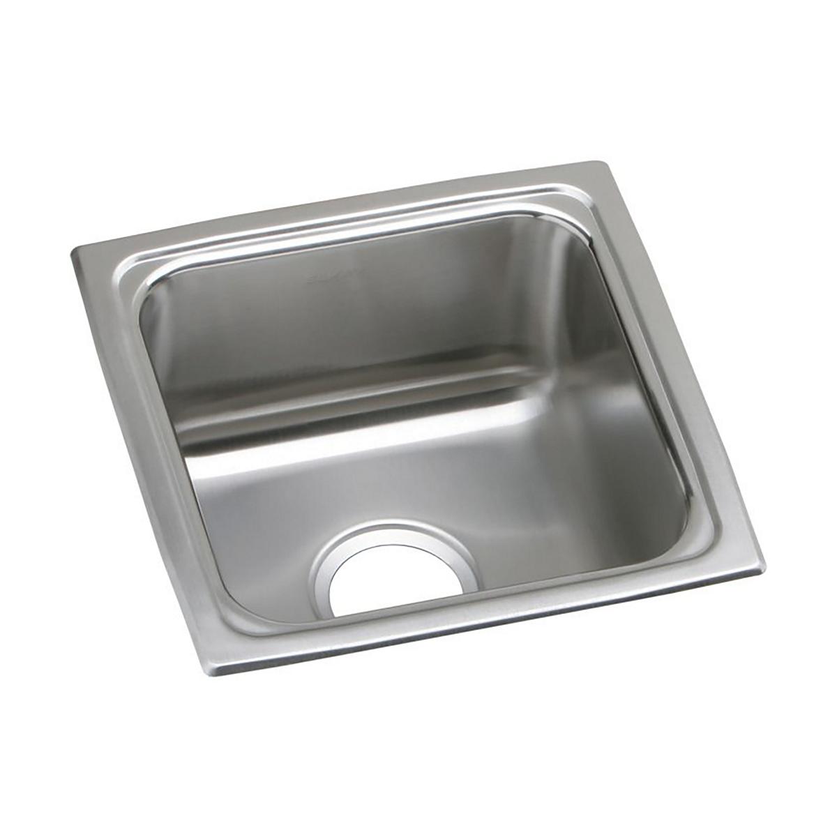 Stainless steel square drop-in bar sink with single bowl and drain hole, brushed finish.
