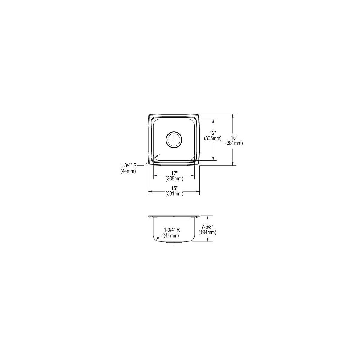 Stainless steel drop-in bar sink with single bowl and rounded corners, shown in top and side view with dimensions.