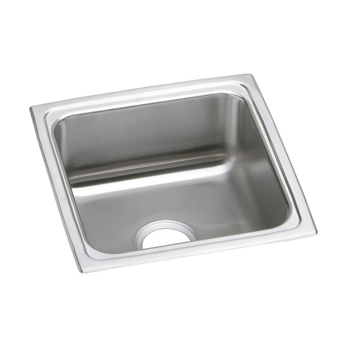 Square stainless steel drop-in sink with single bowl and drain hole visible.
