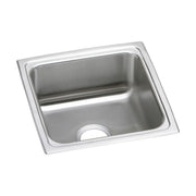 Square stainless steel drop-in sink with single bowl and drain hole visible.