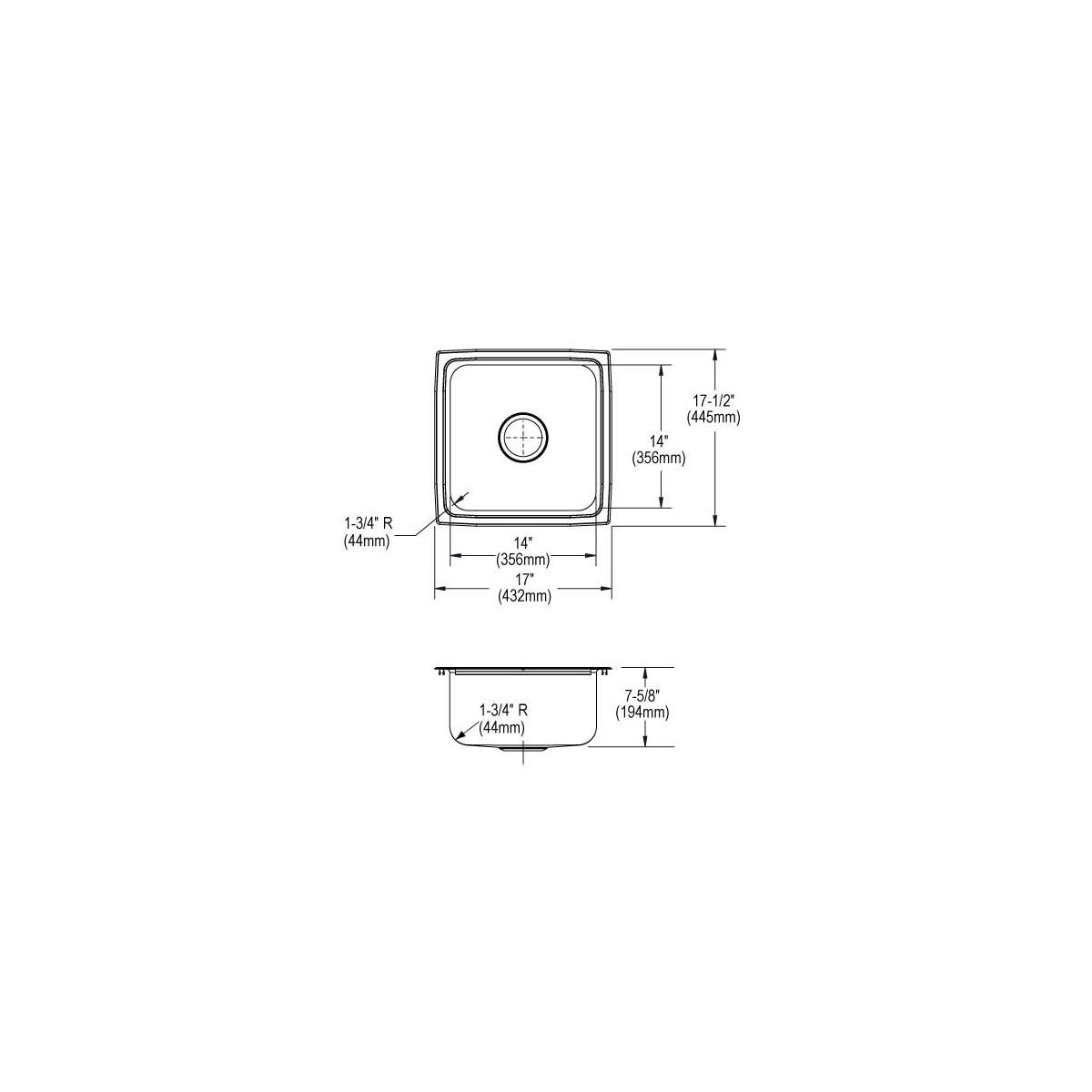 Technical drawing showing top and side views of a square stainless steel drop-in sink with single bowl and drain opening.