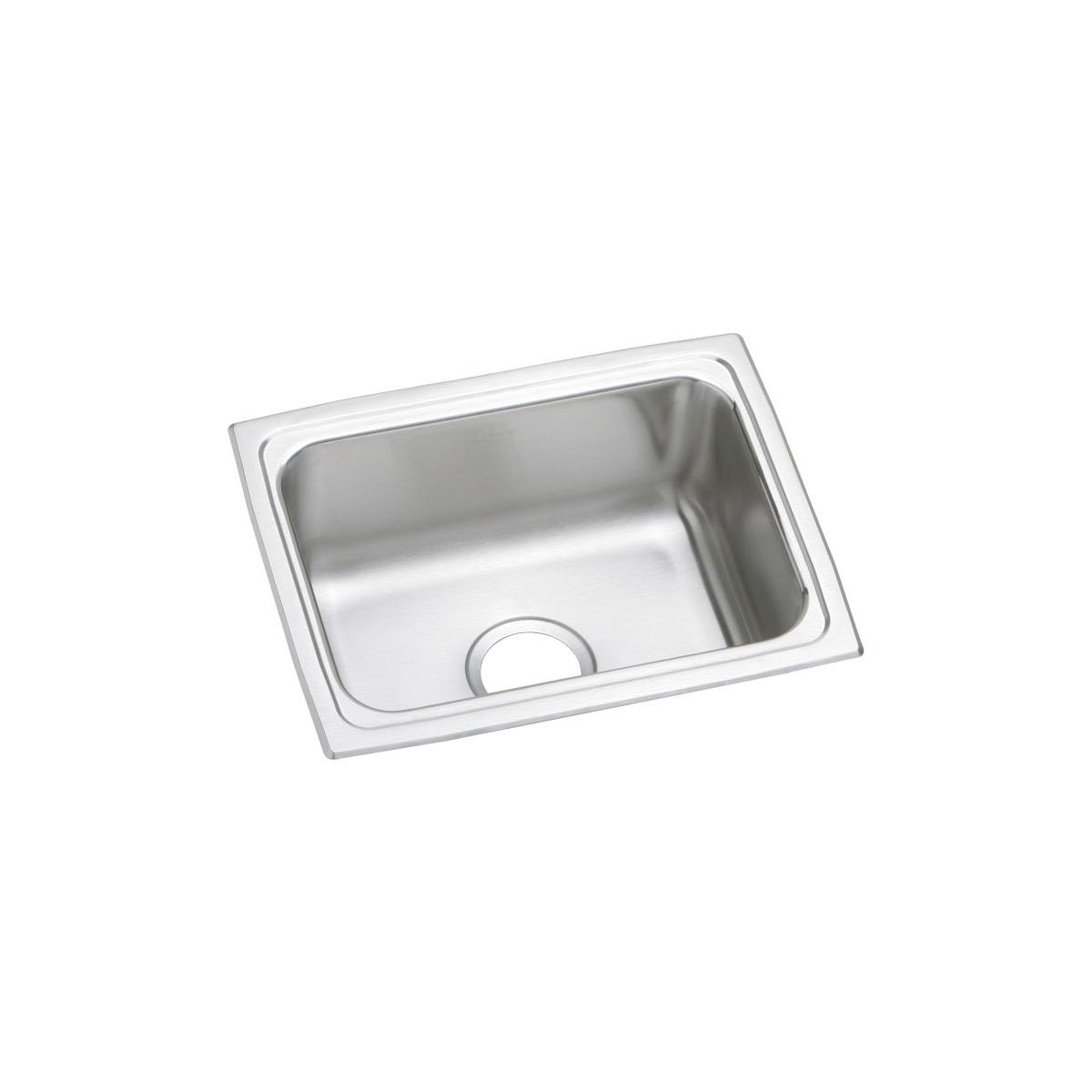 Stainless steel drop-in sink with single rectangular bowl and drain hole, brushed finish rim.