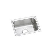 Stainless steel drop-in sink with single rectangular bowl and drain hole, brushed finish rim.