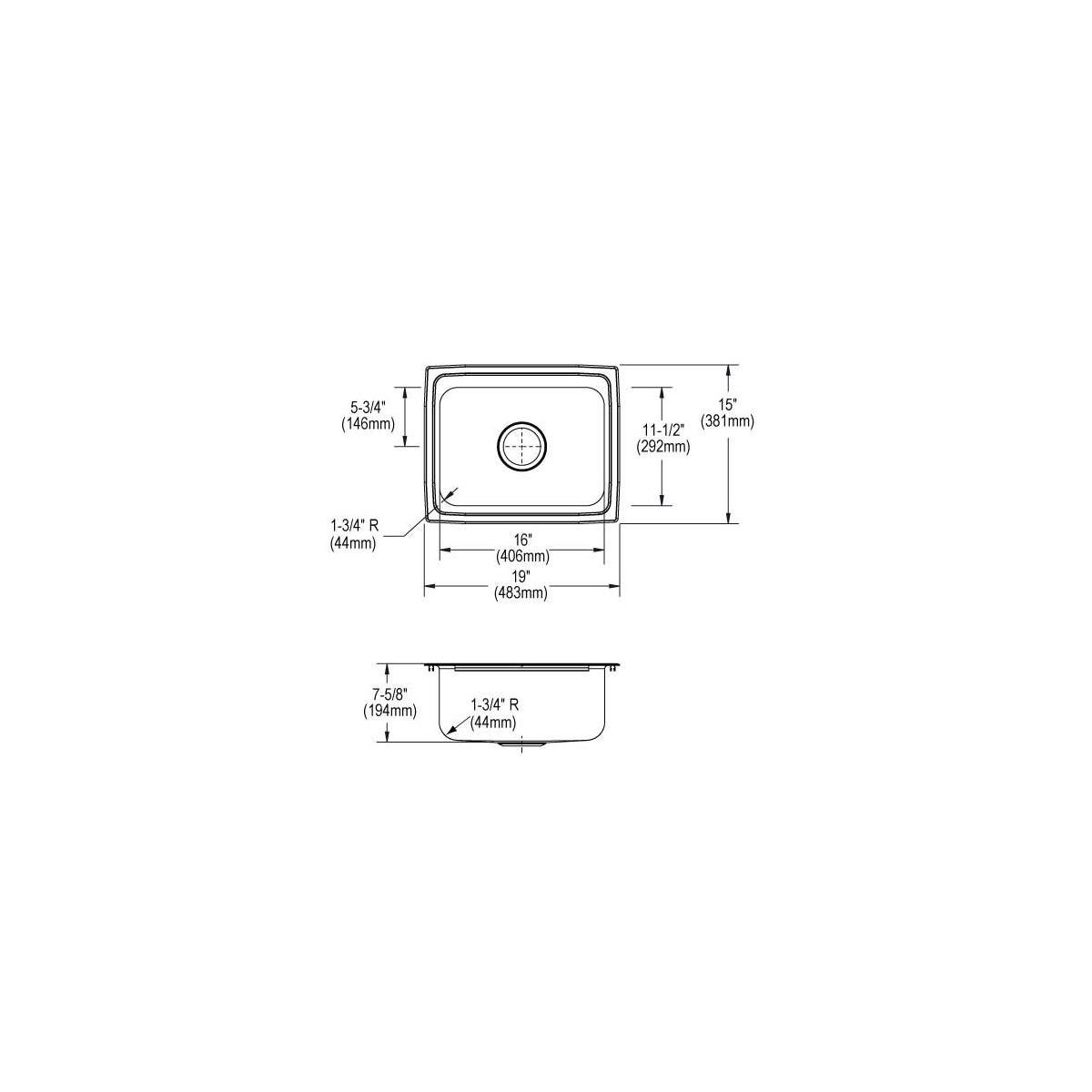 Stainless steel single bowl drop-in sink with rounded corners and center drain, shown in top and side view technical drawings
