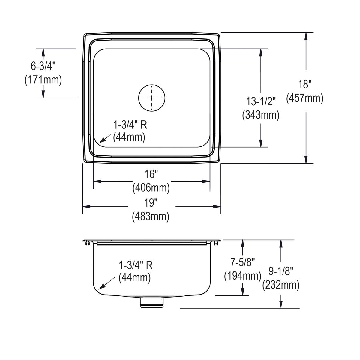 Stainless steel single bowl drop-in sink with dimensions 19" x 18" x 7-5/8" and centered drain opening.