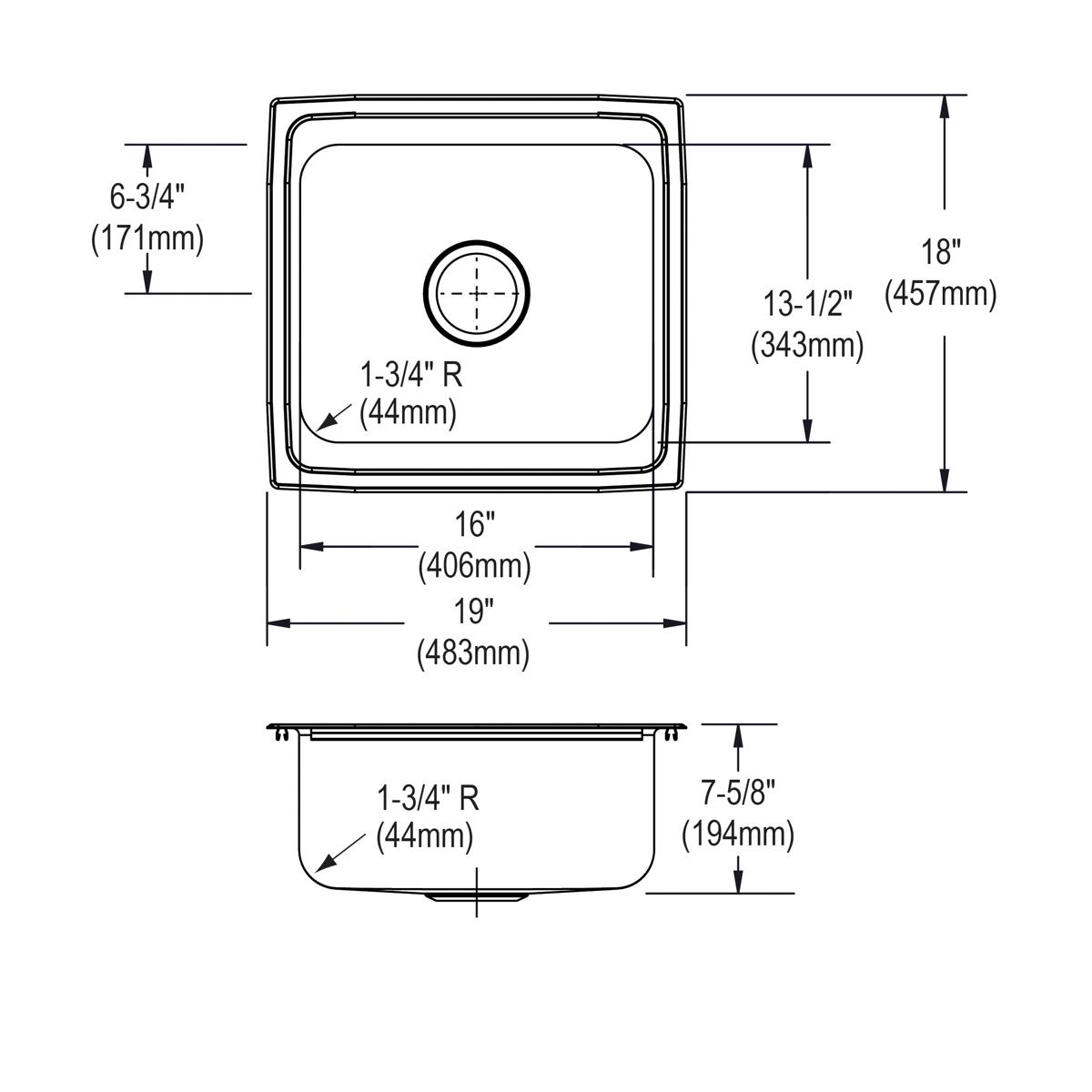 Stainless steel single bowl drop-in sink with top and side view dimensions, 19" x 18" x 7-5/8" with rounded corners.