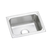 Stainless steel single bowl drop-in sink with rounded corners and drain opening visible from above.