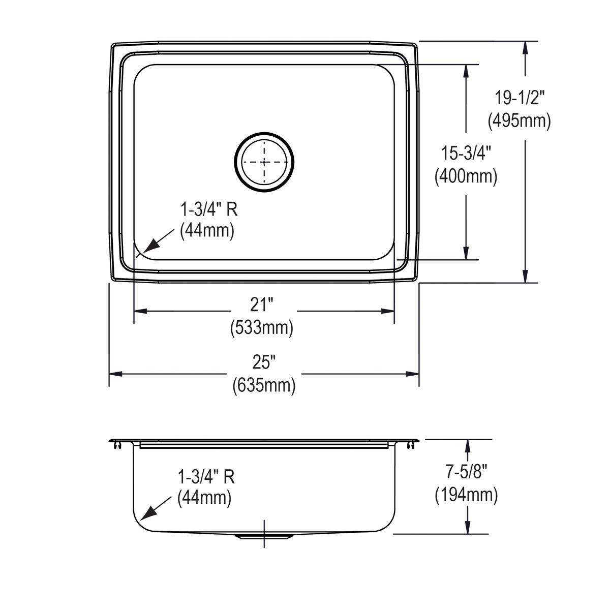 Stainless steel single bowl drop-in sink with rounded corners and center drain opening, shown in top and side view with dimen