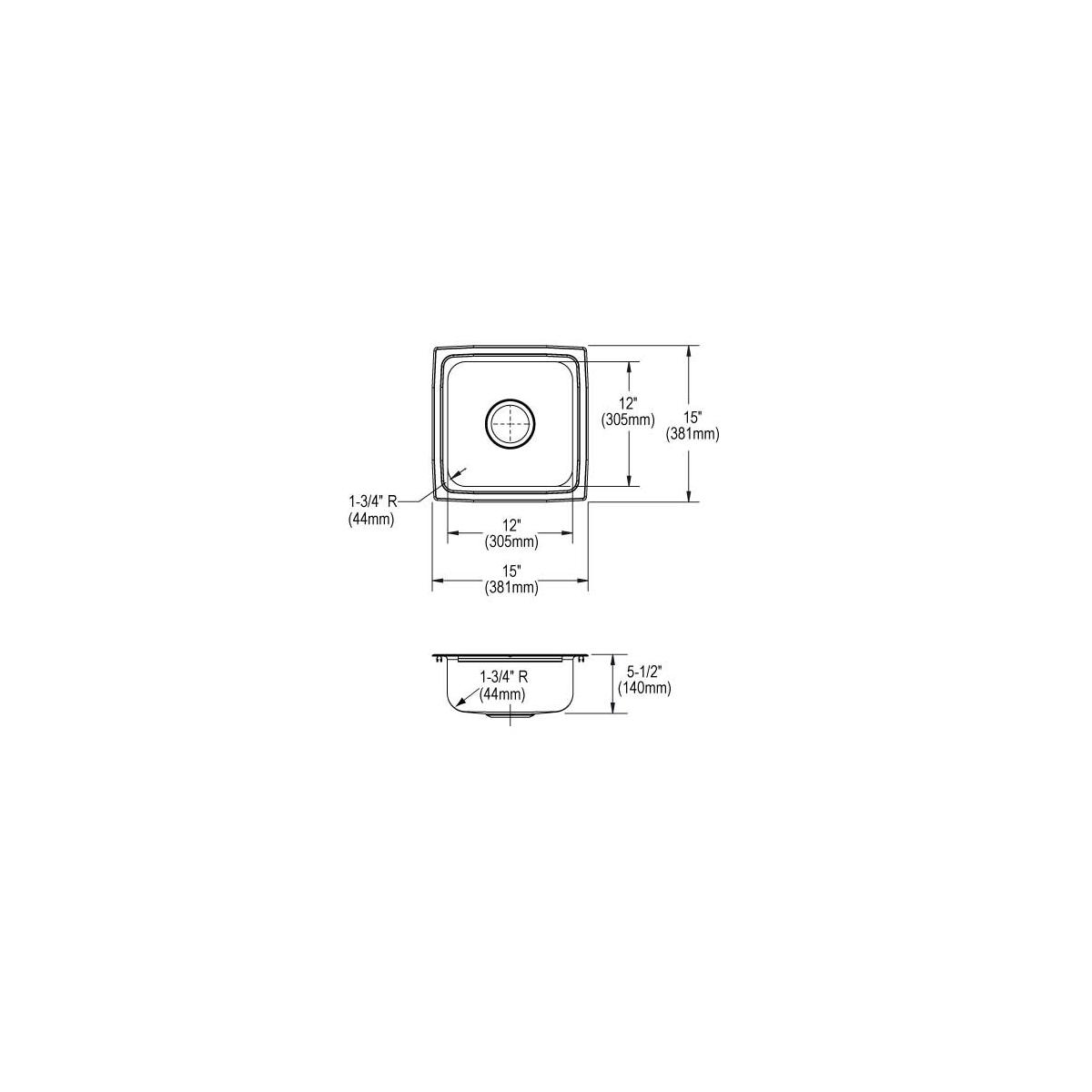 Stainless steel drop-in bar sink with single bowl and rounded corners, shown in top and side technical drawings with dimensio