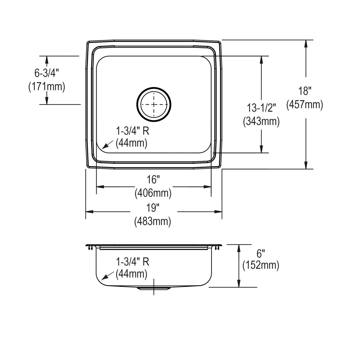 Stainless steel single bowl drop-in sink with rounded corners and drain opening, shown in top and side technical views with d